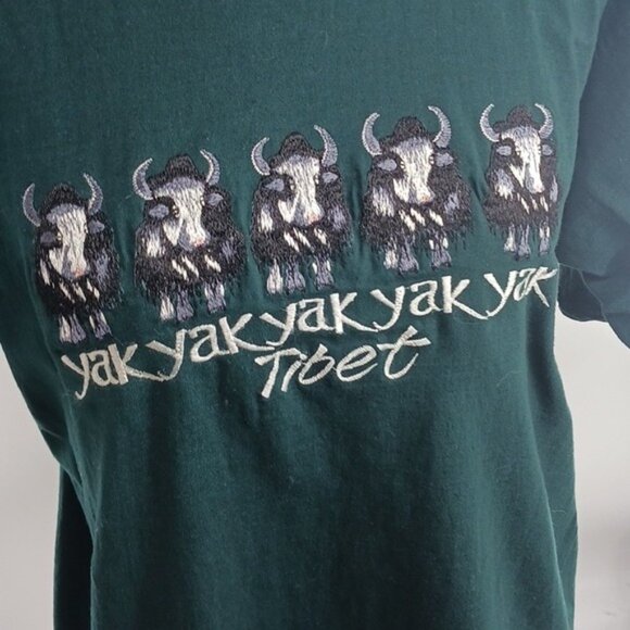 Vintage Tibet T Shirt Green Embroidered Yaks Retro Graphic Tee Unisex L - Picture 3 of 6